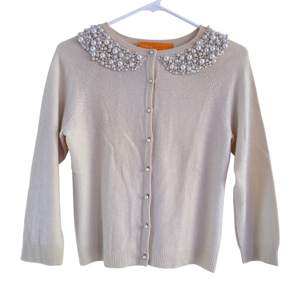 Cynthia Cynthia Steffe Womens Cream Cashmere Beaded Faux Pearl Cardigan Size S